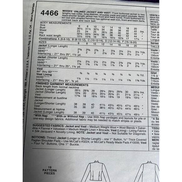 McCalls 4466 blazer vest sewing pattern sz 8 10 - Picture 4 of 5